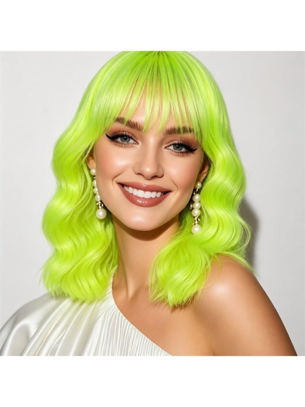 Women's Lemon Yellow Wavy Synthetic Shoulder Length Sweetie Bob Wig Bangs
